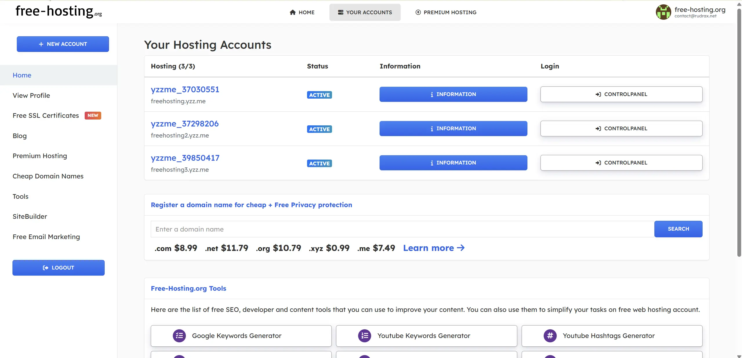 cPanel hosting dashboard