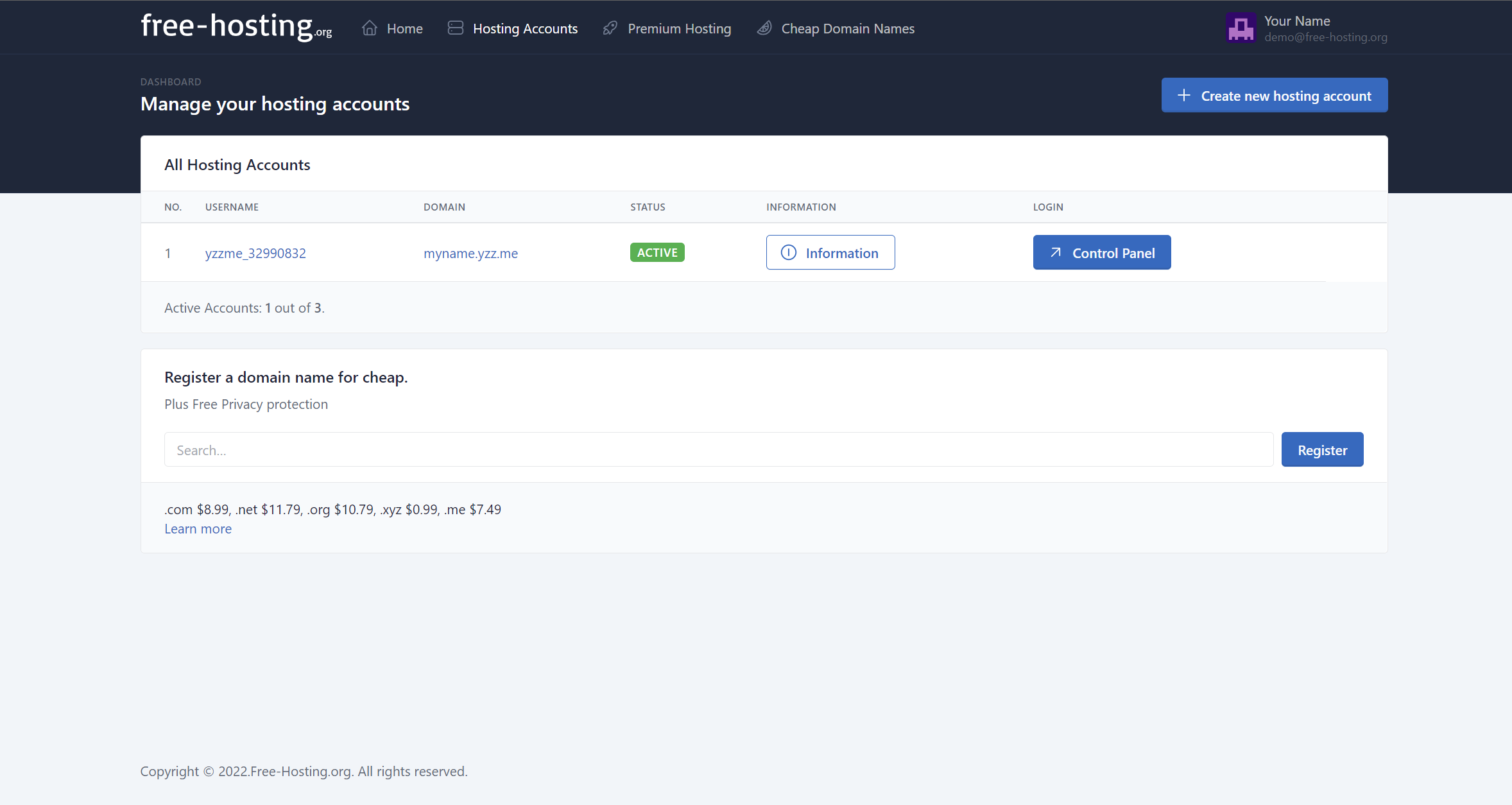 cPanel hosting dashboard